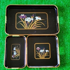 Vintage Taiwan Iris flower black and gold plastic nesting tray set 80s art deco